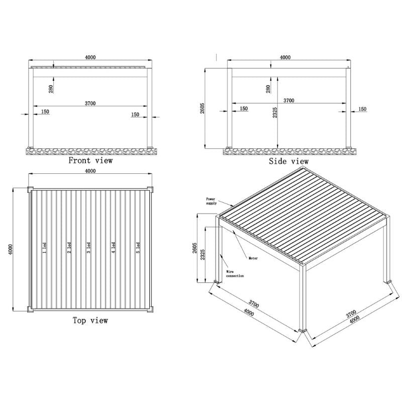 Maßzeichnung EAGO AWT P8 Extreme Pergola elektrisch mit Front-, Seiten- und Draufsicht sowie 3D-Darstellung, Abmessungen 4000x4000mm, Breite 3700mm