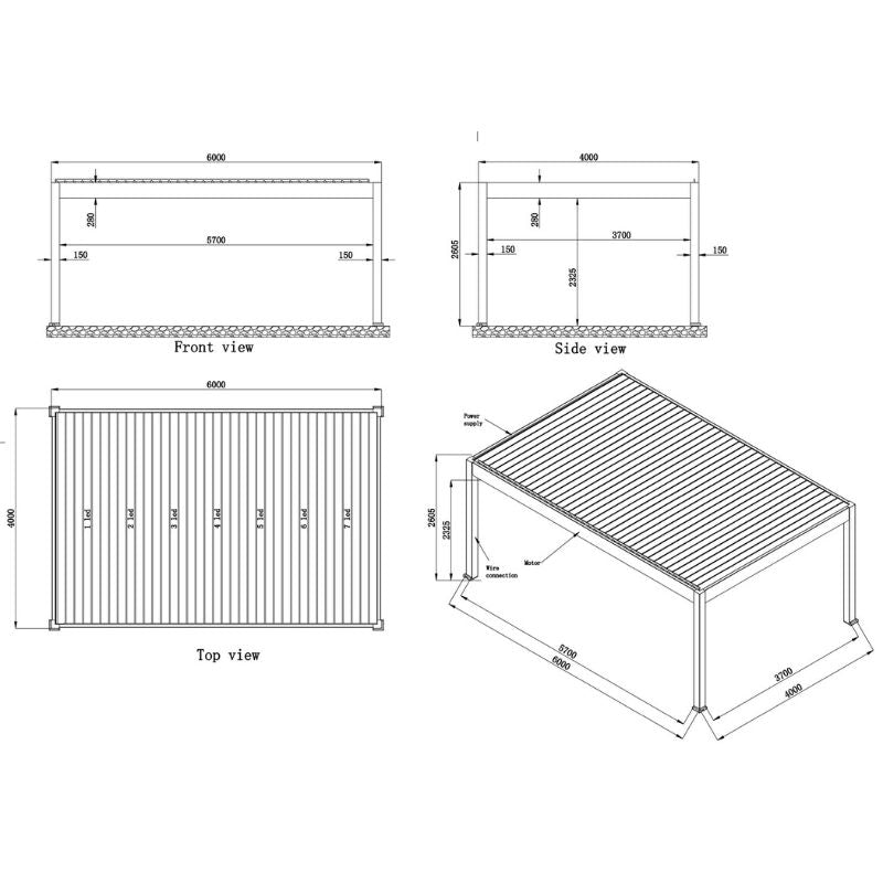 Maßzeichnung der EAGO AWT P8 Extreme Pergola mit Front-, Seiten- und Draufsicht sowie 3D-Perspektive, zeigt technische Abmessungen und verstellbares Dach.