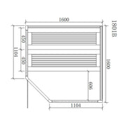 Maßzeichnung der EAGO AWT E1801B Sauna im Grundriss mit Abmessungen: 1600 mm Breite, 1600 mm Tiefe, 1801 mm Höhe, zwei Sitzbänke und Eingangstür für 1-2 Personen.