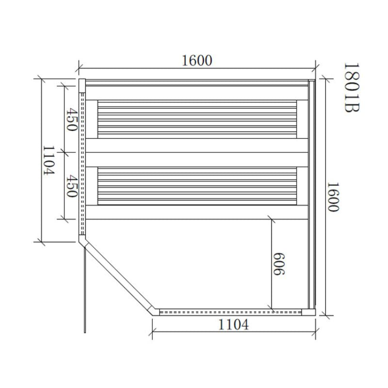 Maßzeichnung der EAGO AWT E1801B Sauna im Grundriss mit Abmessungen: 1600 mm Breite, 1600 mm Tiefe, 1801 mm Höhe, zwei Sitzbänke und Eingangstür für 1-2 Personen.