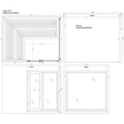 Maßzeichnung EAGO Cube X7-R Gartensauna mit Ansichten von oben, front, rück- und Seitenansicht, Abmessungen 2982x2342x2445mm