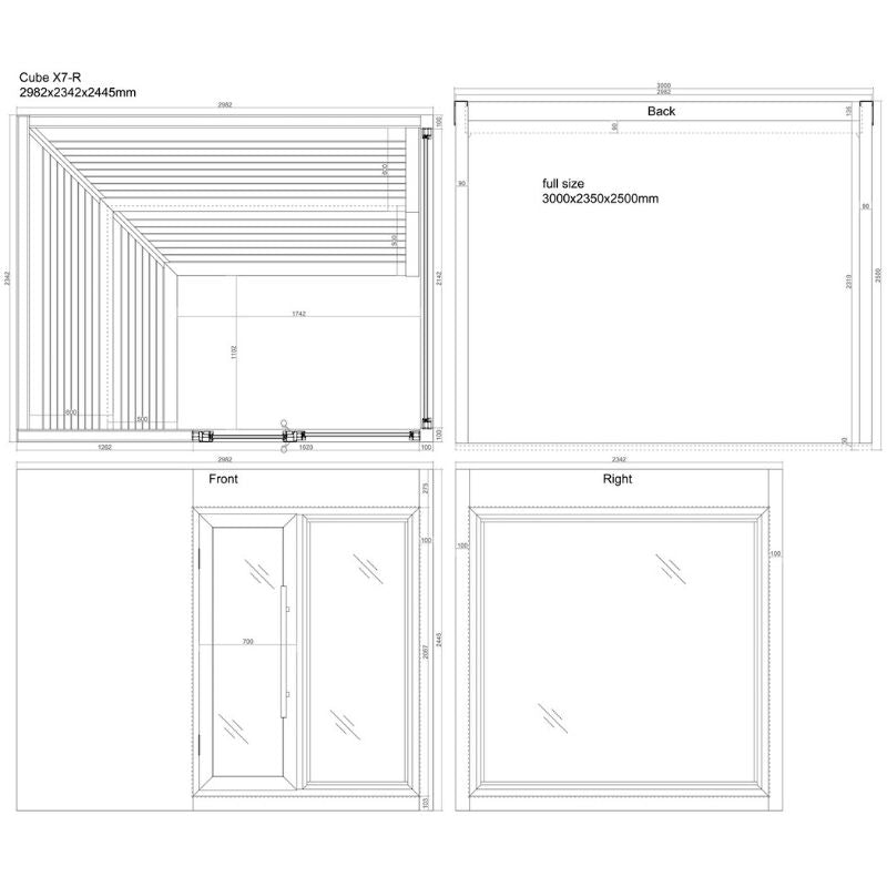 Maßzeichnung EAGO Cube X7-R Gartensauna mit Ansichten von oben, front, rück- und Seitenansicht, Abmessungen 2982x2342x2445mm