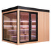 AWT Gartensauna THE CUBE X7-L aus Hemlock mit schwarzem Aluminiumrahmen und großflächigen Glasfronten