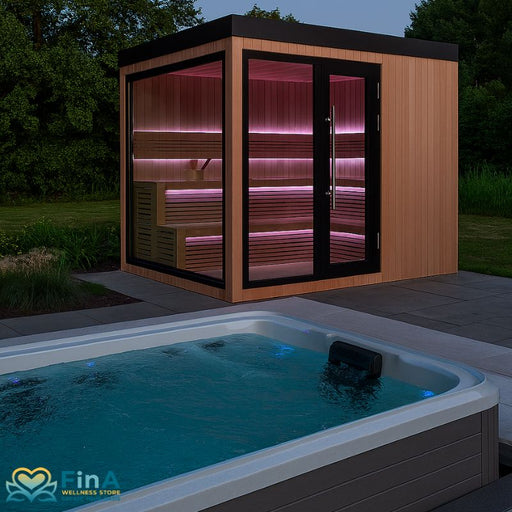 Moderne Gartensauna AWT THE CUBE X7-L aus Hemlock mit LED-Innenbeleuchtung in stilvollem Gartenambiente, direkt neben einem beleuchteten Swim Spa – perfekte Kombination aus Design, Wellness und Funktionalität im Außenbereich.