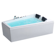 Rechteckige Whirlpool-Badewanne EAGO GE105E in Weiß mit türkisblauem Wasser, zwei schwarzen Kopfstützen und Bedienfeld an der Seite, für zwei Personen geeignet.
