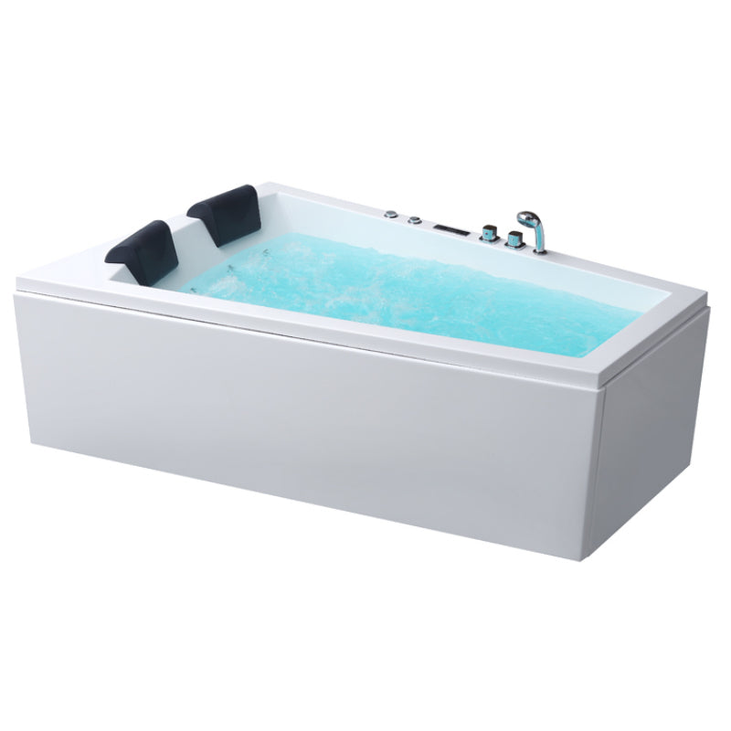 Moderner weißer Whirlpool EAGO GE105E mit türkisblauem Wasser, zwei schwarzen Nackenkissen und seitlicher Bedienblende für zwei Personen
