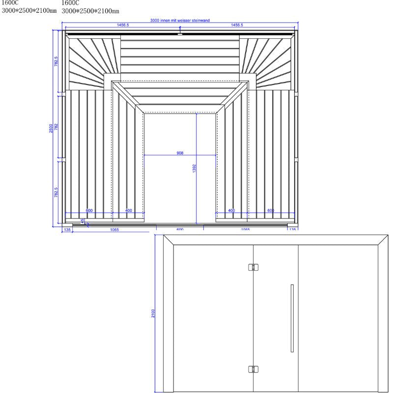 Maßzeichnung der EAGO AWT E1600C Hemlock Sauna mit Grundriss und Frontansicht, 3000x2500x2100mm, für 7+ Personen mit Türdetails und Innenmaßen