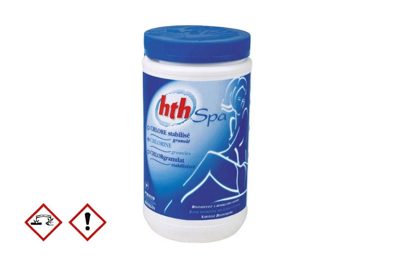 HTH Chlorgranulat stabilisiert 1,2 kg Behälter mit blauem Deckel und Etikett für Whirlpool- und Spa-Wasserpflege