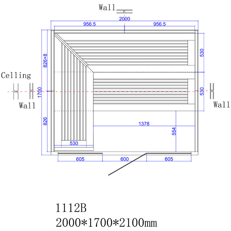 AWT E1112B Hemlock Sauna technische Zeichnung mit Grundriss und Maßangaben 2000x1700x2100mm