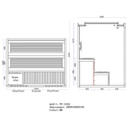 Maßzeichnung der EAGO AWT E1244A Sauna aus roter Zeder mit Frontal- und Seitenansicht, Abmessungen 2000x1600x2160 mm, inklusive Saunaofen und Glasfront für 2-4 Personen.