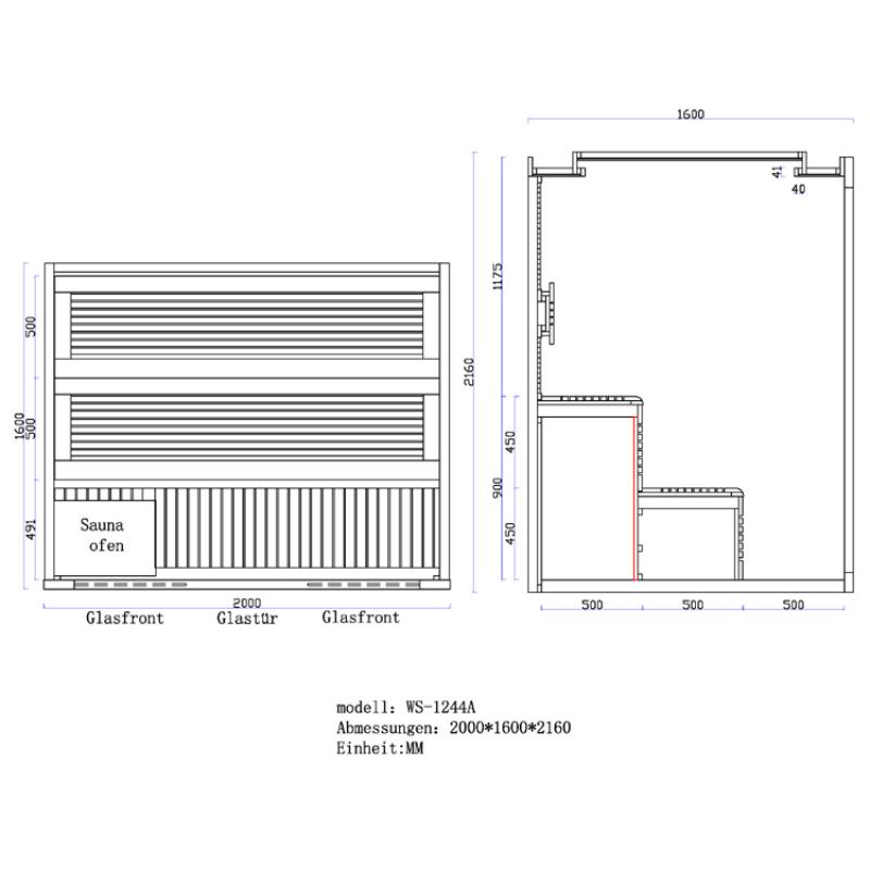 Maßzeichnung der EAGO AWT E1244A Sauna aus roter Zeder mit Frontal- und Seitenansicht, Abmessungen 2000x1600x2160 mm, inklusive Saunaofen und Glasfront für 2-4 Personen.