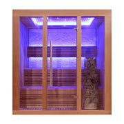 EAGO AWT E1244A Infrarot-Sauna aus roter Zeder mit lila LED-Beleuchtung, Glastüren, Holzbänken und integriertem Saunaofen, für 2-4 Personen.