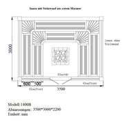 Maßzeichnung Sauna EAGO AWT E1400B Modell mit rotem Marmor Steinwand, Glasfront und zentralem Saunaofen, Abmessungen 3500x3000x2200 mm
