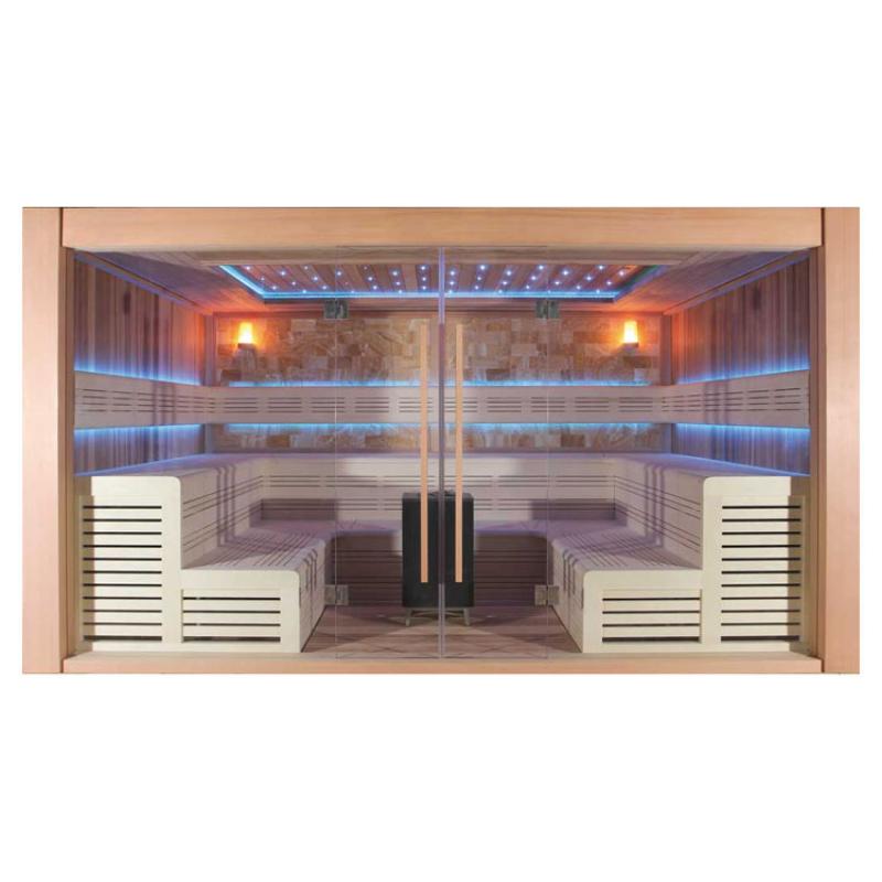 Moderne Infrarot-Sauna EAGO AWT E1400B aus roter Zeder mit Glastüren, LED-Beleuchtung und Holzbänken für 4+ Personen