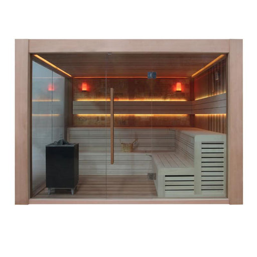 EAGO AWT E1416B Infrarot-Sauna aus roter Zeder mit Glastür, Holzbänken, schwarzem Saunaofen und warmem LED-Licht für 4+ Personen