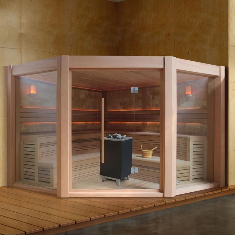EAGO AWT E1501B Sauna aus roter Zeder mit Glastüren, schwarzem Saunaofen, Holzbänken und warm leuchtenden Infrarotlampen im Innenraum