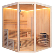 EAGO AWT E1801A Ecksauna aus Pinienholz mit Glastür, Bänken und integriertem Saunaofen, 180x180 cm für 2 Personen