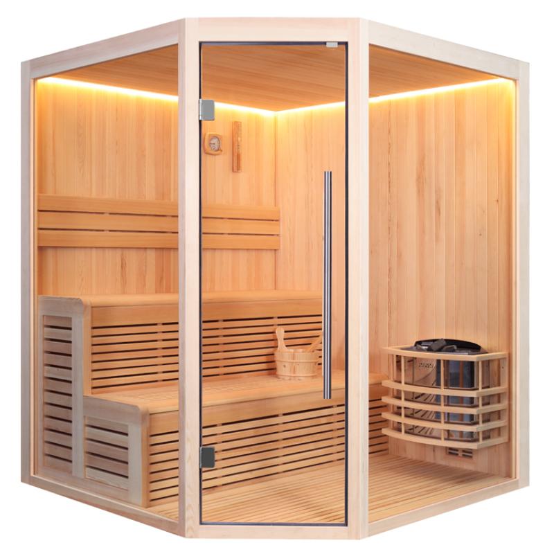 EAGO AWT E1801A Ecksauna aus Pinienholz mit Glastür, Bänken und integriertem Saunaofen, 180x180 cm für 2 Personen