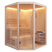 Moderne Infrarotsauna EAGO AWT E1801B aus hellem Pinienholz mit Glastür, integrierten Holzbänken, LED-Beleuchtung und Saunaofen für bis zu 2 Personen.
