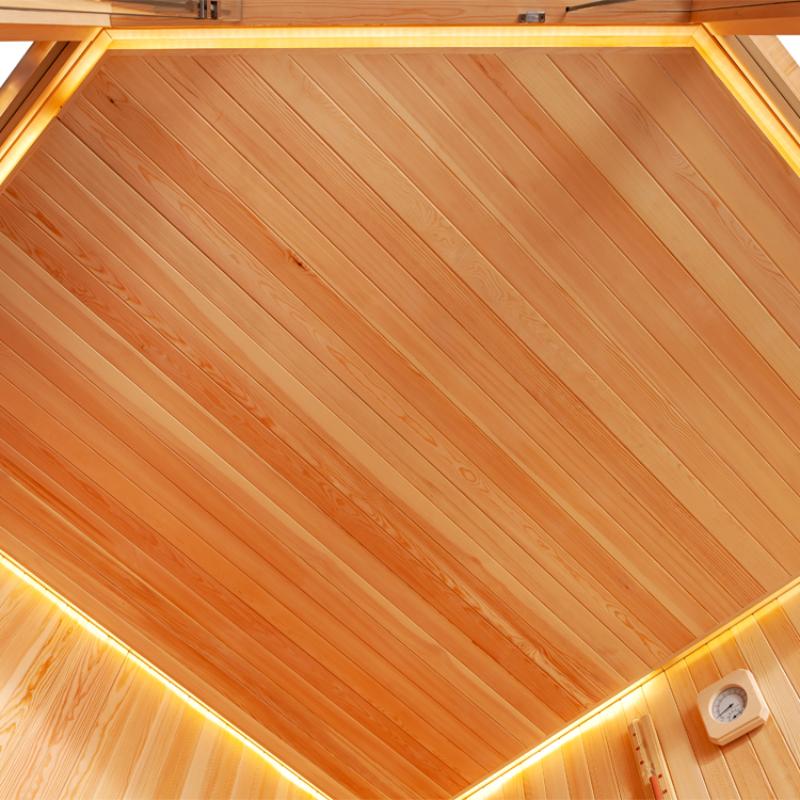 Innenansicht der EAGO AWT E1801XL Sauna mit Pinienholz-Decke, LED-Beleuchtung und Thermometer, Blick von unten nach oben