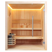 Moderne Infrarot-Sauna aus Pinienholz mit LED-Deckenbeleuchtung, Banksystem und Saunaofen links, Glastür mit Chromgriff, EAGO AWT E1802 für 2-4 Personen
