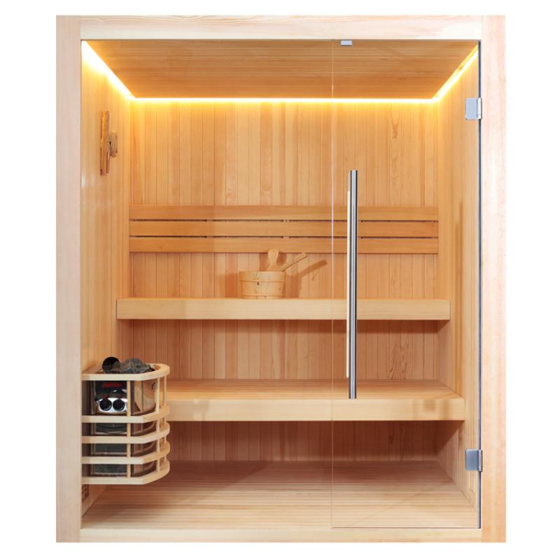 Moderne Infrarot-Sauna aus Pinienholz mit LED-Deckenbeleuchtung, Banksystem und Saunaofen links, Glastür mit Chromgriff, EAGO AWT E1802 für 2-4 Personen
