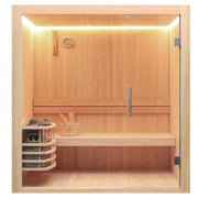 Moderne Sauna mit Pinienholz-Innenausstattung, LED-Beleuchtung, Saunaofen, Holzbank und Zubehör wie Eimer und Kelle