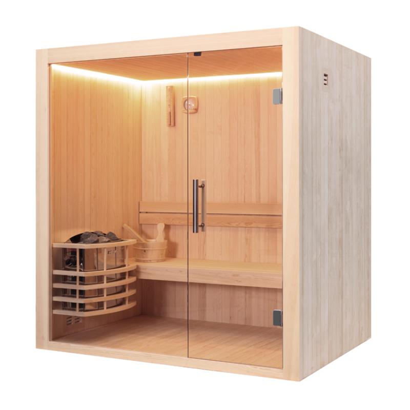 EAGO AWT E1803B Sauna aus hellem Pinienholz mit Glastüren, Holzbänken, integriertem Saunaofen und LED-Beleuchtung für 1-2 Personen