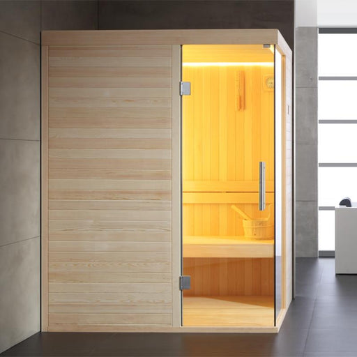 EAGO AWT E1804A Infrarotsauna aus Pinienholz mit Glastür und gelber Wärmekabine im modernen Badezimmer