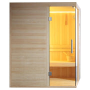 EAGO AWT E1804C Sauna aus Pinienholz mit heller Holzfassade, offener Glastür und gelblich beleuchteter Holzinnenausstattung für 2 Personen