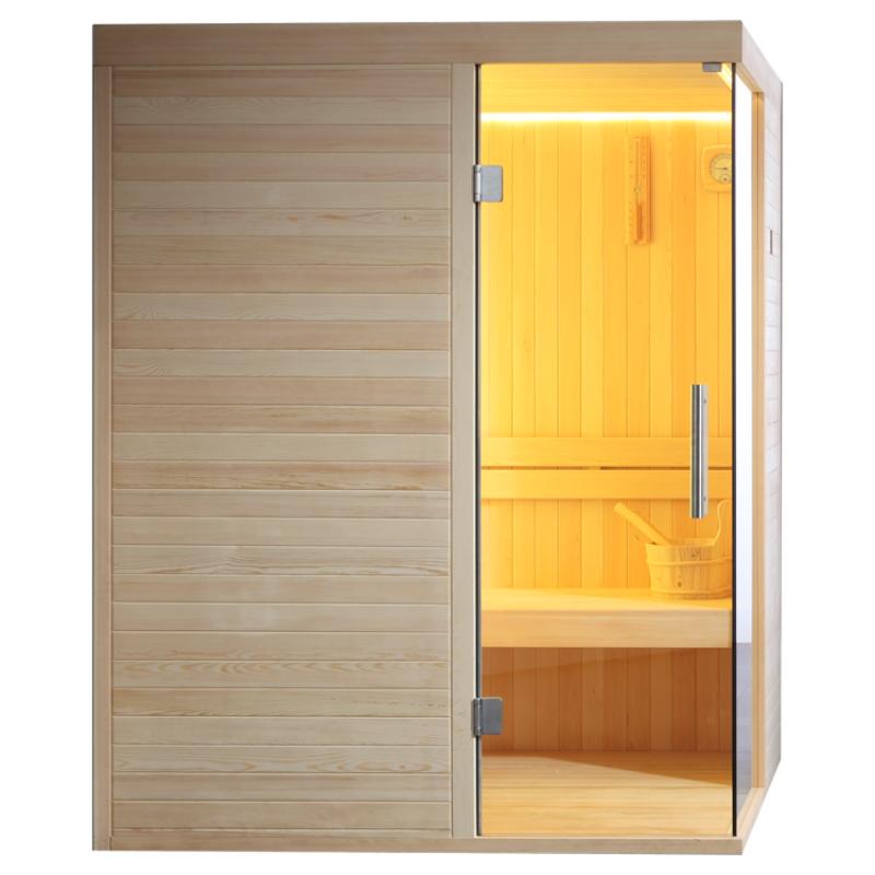EAGO AWT E1804C Sauna aus Pinienholz mit heller Holzfassade, offener Glastür und gelblich beleuchteter Holzinnenausstattung für 2 Personen