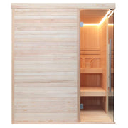 EAGO AWT E1805 Sauna aus Pinienholz mit offener Glastür, zwei Holzbänken und LED-Beleuchtung innen, Frontansicht