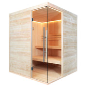 Moderne Infrarot-Sauna aus hellem Pinienholz mit Glastüren, LED-Beleuchtung und drei Sitzbänken, Modell EAGO AWT E1805 für 2-4 Personen.