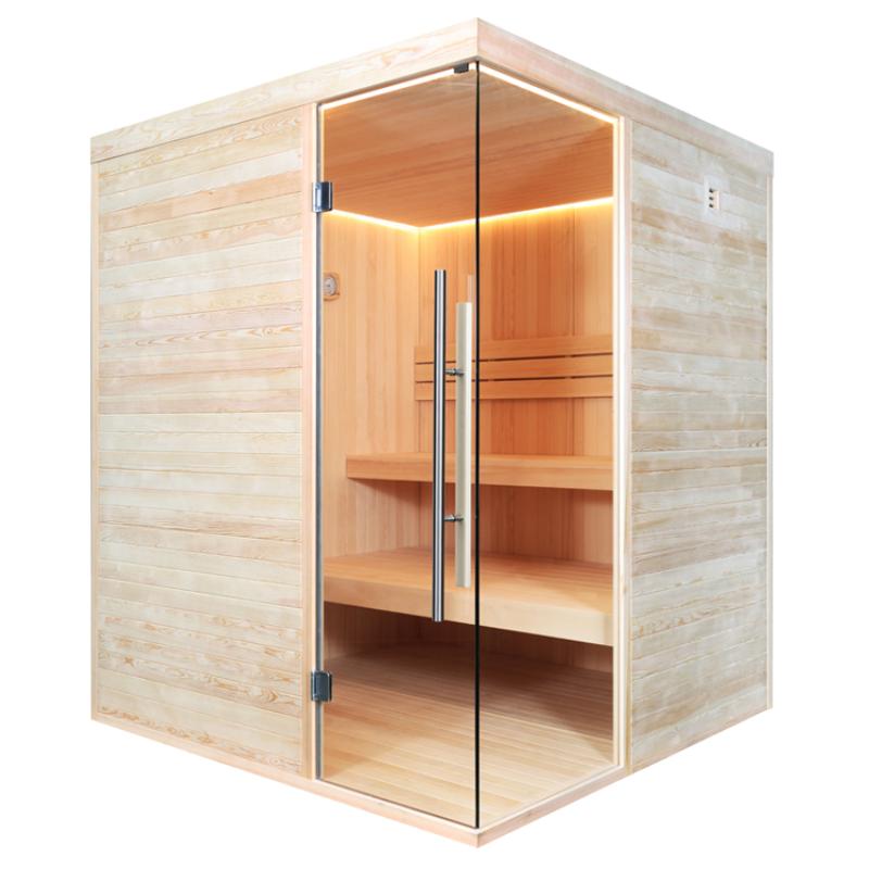 Moderne Infrarot-Sauna aus hellem Pinienholz mit Glastüren, LED-Beleuchtung und drei Sitzbänken, Modell EAGO AWT E1805 für 2-4 Personen.