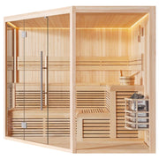 Großzügige Infrarot-Sauna EAGO AWT E1806XL aus hellem Pinienholz mit Glastüren, Holzbänken auf zwei Ebenen, LED-Deckenbeleuchtung und Saunazubehör im Innenraum