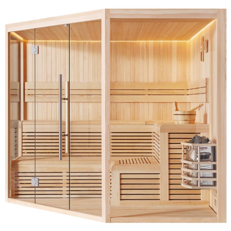Großzügige Infrarot-Sauna EAGO AWT E1806XL aus hellem Pinienholz mit Glastüren, Holzbänken auf zwei Ebenen, LED-Deckenbeleuchtung und Saunazubehör im Innenraum