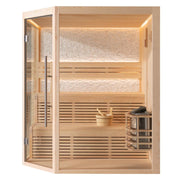 Moderne Infrarot-Sauna EAGO AWT E1811XL aus Pinienholz mit zwei Bänken, Glastür, Saunaofen und Zubehör für 4+ Personen