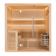 EAGO AWT E1812B Pinienholz Sauna mit Glastür, mehrstufigen Holzbänken, LED-Beleuchtung, Saunaofen und Zubehörregal, Frontansicht