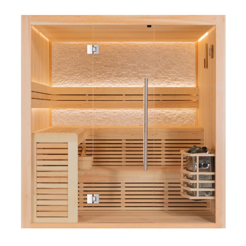 EAGO AWT E1812B Pinienholz Sauna mit Glastür, mehrstufigen Holzbänken, LED-Beleuchtung, Saunaofen und Zubehörregal, Frontansicht