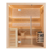 EAGO AWT E1812C Pinienholz Sauna mit Glastür, zwei durchgehenden Holzbänken, integriertem Saunaofen und LED-Beleuchtung, Frontansicht.