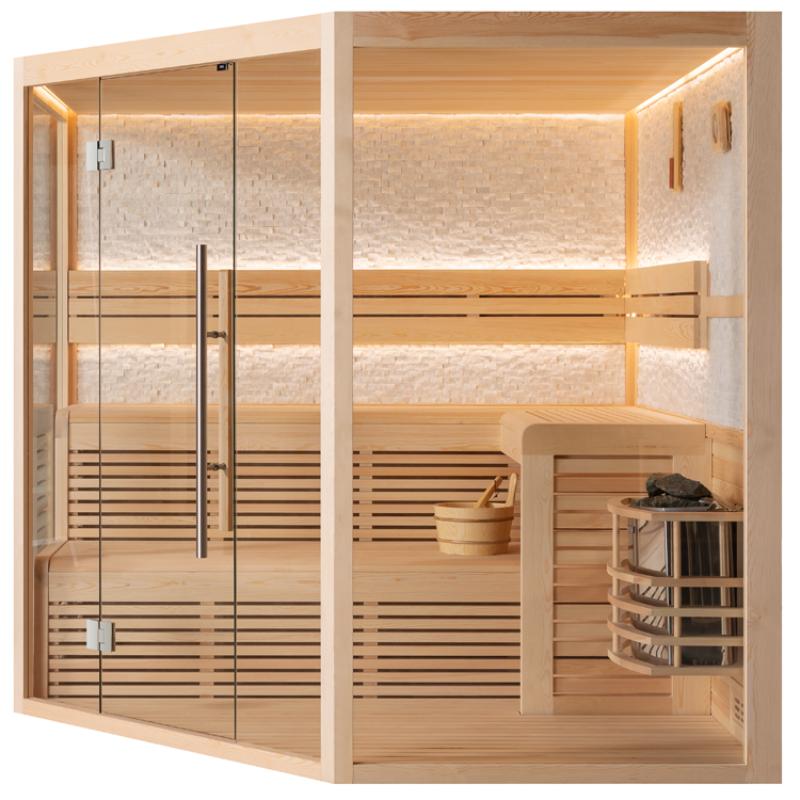 EAGO AWT E1816A Sauna aus Pinienholz mit Glastüren, Holzbänken, LED-Beleuchtung und integriertem Saunaofen für 4+ Personen