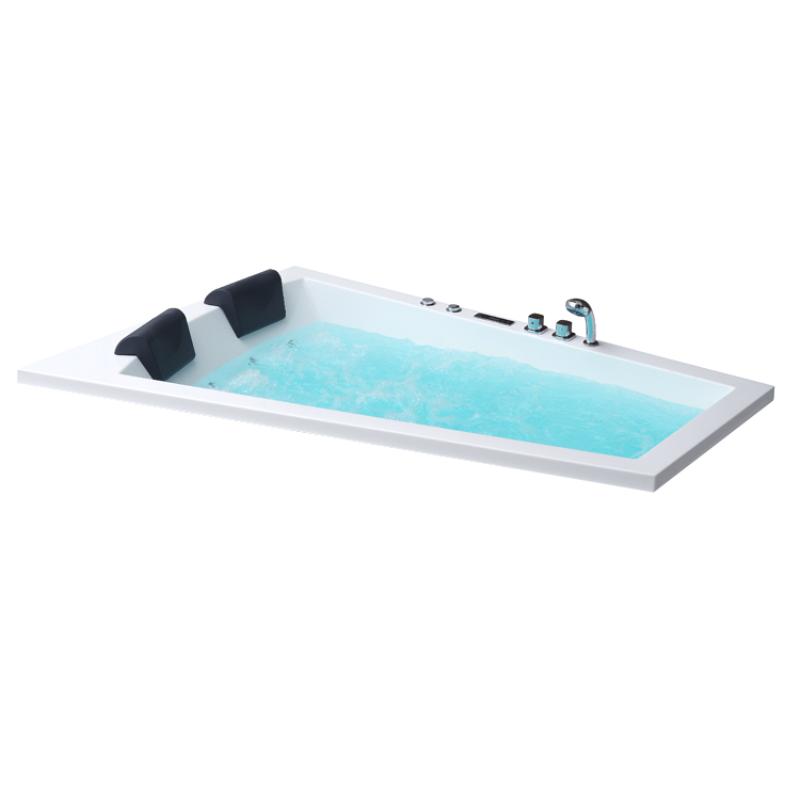 Moderner weißer Whirlpool EAGO GE105E mit türkisblauem Wasser, zwei schwarzen Kopfstützen und digitaler Bedienung auf der rechten Seite, für zwei Personen konzipiert