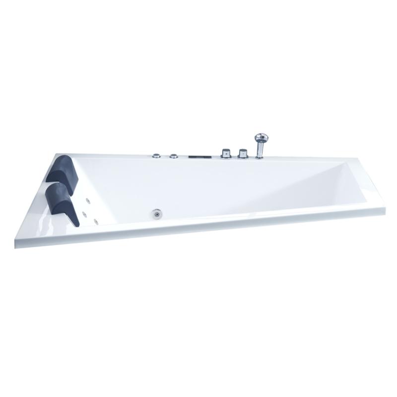 Weiße rechteckige Whirlpool-Badewanne EAGO GE105E mit integrierten Düsen, Armaturen und blauem Kopfkissen für zwei Personen, Ansicht von oben schräg