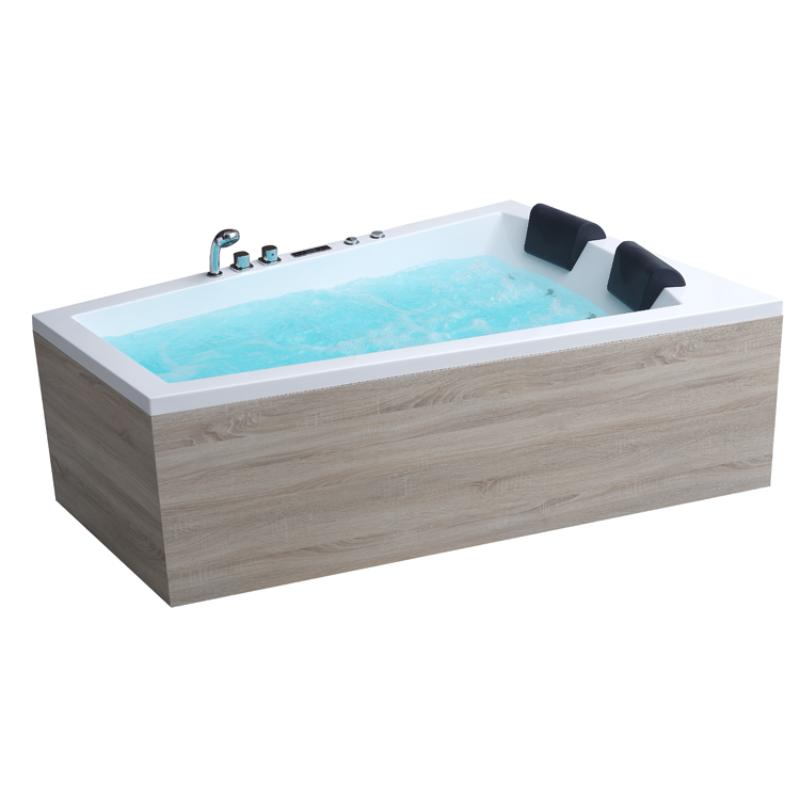 Rechteckiges Whirlpool-Bad EAGO GE105E in Weiß und Holzoptik mit türkisblauem Wasser, zwei schwarzen Kopfstützen und sichtbaren Düsen-Controllern für zwei Personen.
