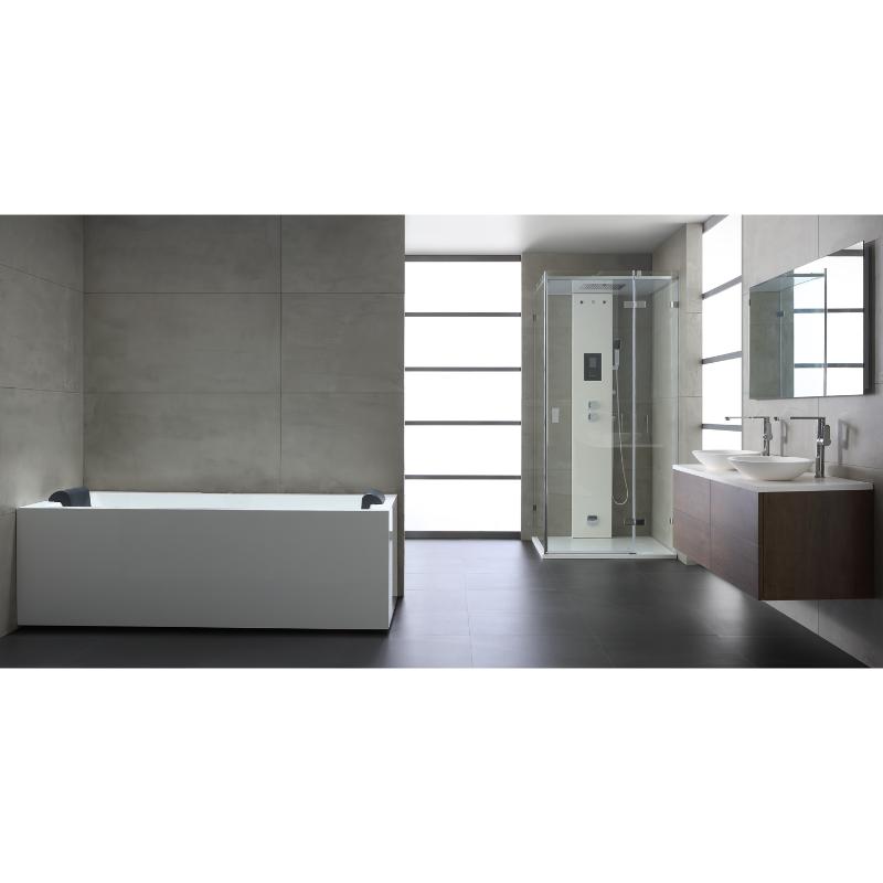Modernes Badezimmer mit freistehender EAGO AWT GE109TSL-F Whirlpool-Badewanne, Duschkabine und Waschtisch in zeitgenössischem Design mit Betonoptik und großzügiger Beleuchtung.