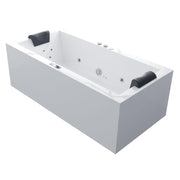 Rechteckige Whirlpool-Badewanne EAGO GE109TSL-F in Weiß mit integrierten Massagedüsen, schwarzen Kopfstützen und seitlichen Bedienknöpfen, freistehend für zwei Personen.
