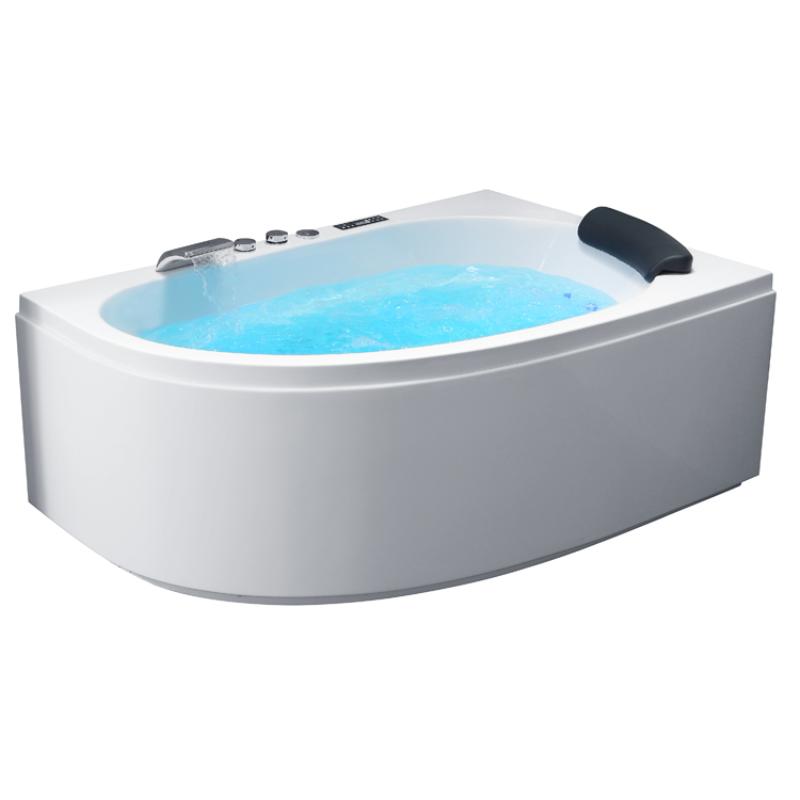 Modernes weißes Eckwhirlpool EAGO AWT GE111TSL mit blauem Wasser, schwarzer Kopfstütze und Bedienfeld an der Seite