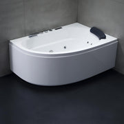 Moderner Eckwhirlpool EAGO GE111TSL in Weiß mit integrierten Düsen, schwarzer Kopfstütze und digitaler Steuerung in Badezimmeransicht