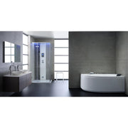 Modernes Badezimmer mit EAGO AWT GE111TSL Whirlpool, weiße Wanne mit geschwungener Form, Duschkabine, Waschtisch und grüne Wandfliesen