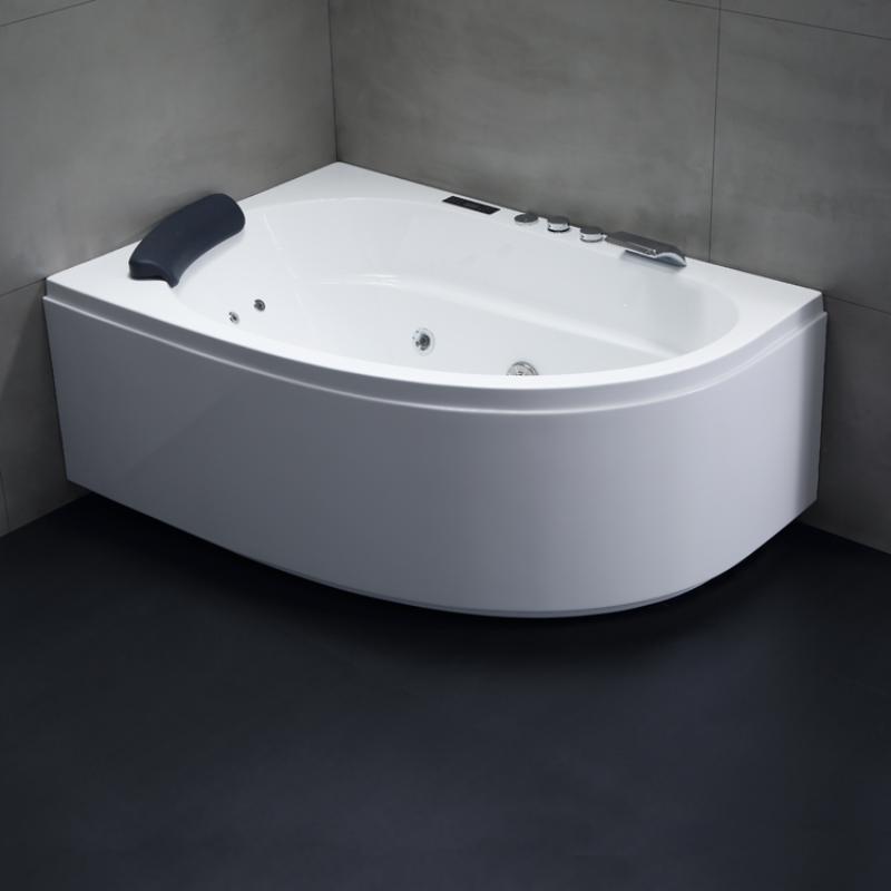 EAGO AWT GE111TSL Whirlpool in Weiß mit ergonomischer Form, Massagedüsen und schwarzem Nackenkissen in grauem Badezimmer